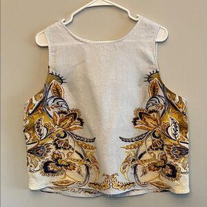 Joie 100% Linen Blue & Gold Paisley Coastal Boxy Blouse Sleeveless Top  Size XL